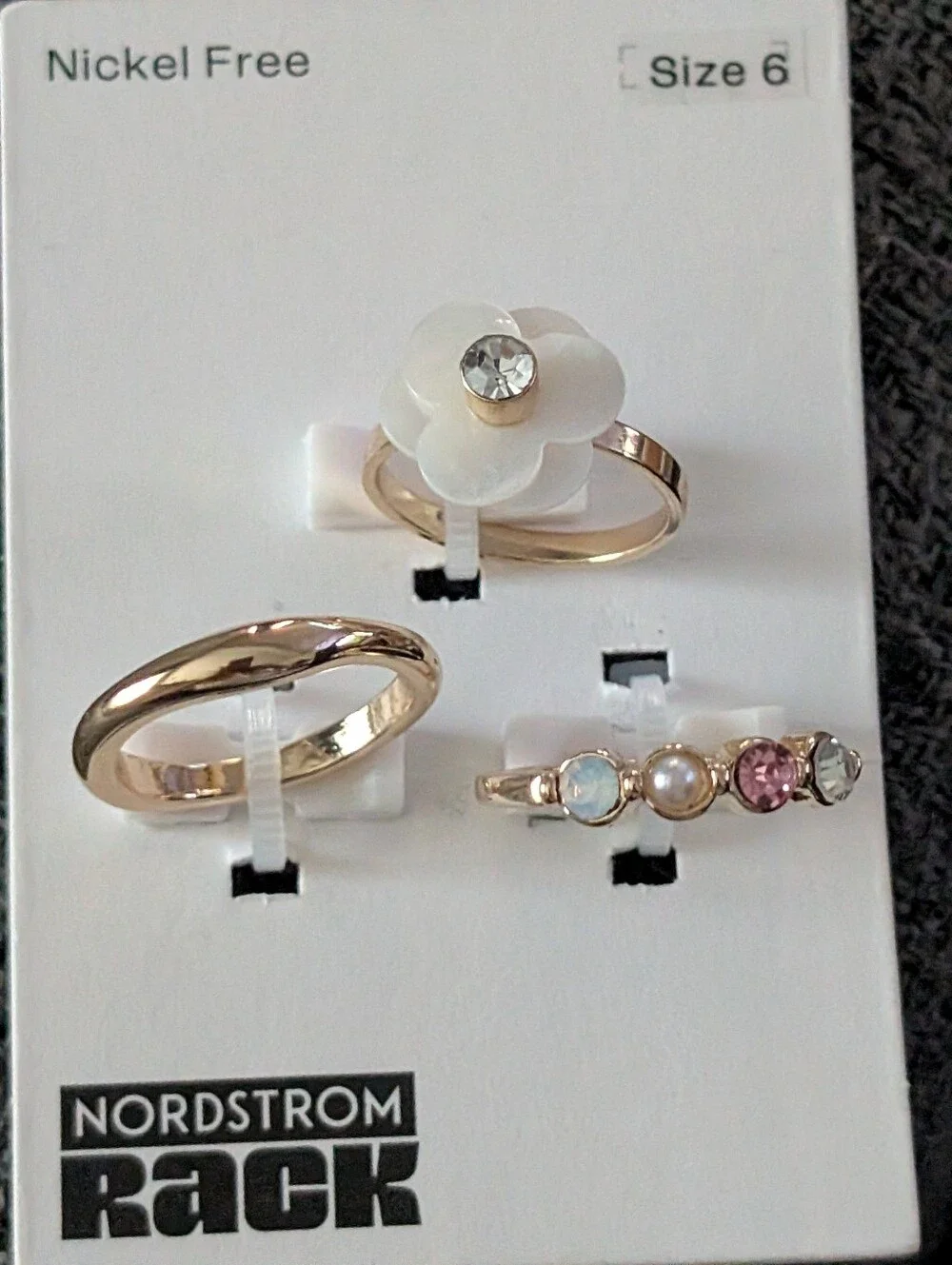 Nordstrom Gold-Tone Floral & Multi-Gem Ring Trio — White, Pink, Pearl